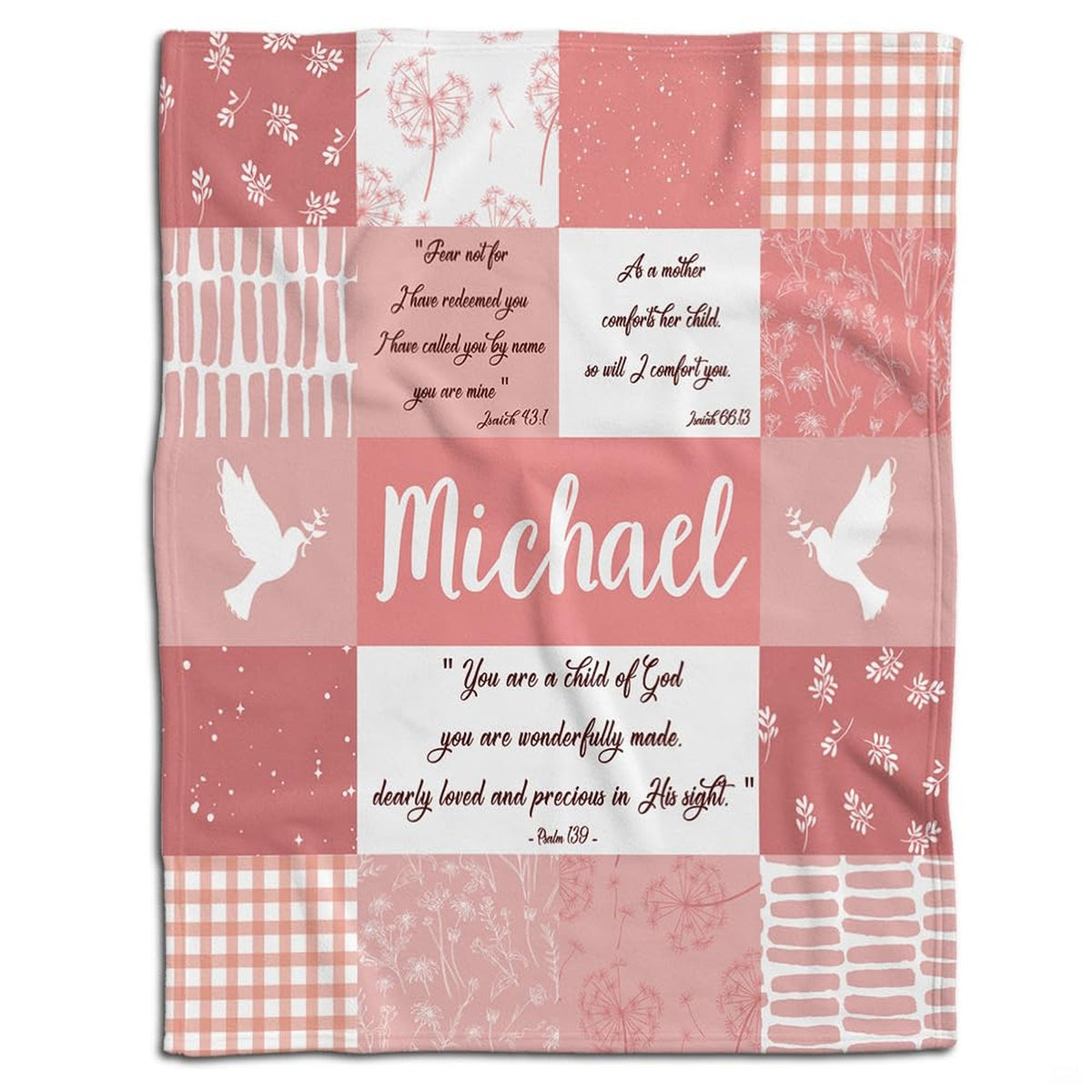 Artistic collage design showcasing dusty rose floral patterns, white doves, dandelion seeds, and blush gingham check.