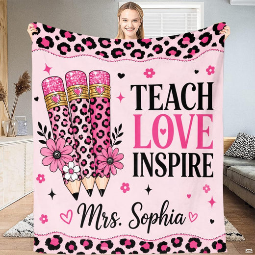Pink leopard bedding set featuring teacher appreciation pencil illustrations and hearts on pastel pink.