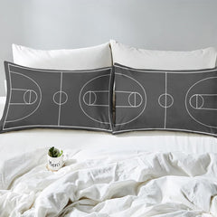 Matching pillowcase detail for athletic bedding set featuring coordinating soccer pitch artwork