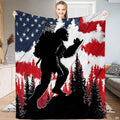 Patriotic Bigfoot hiking throw blanket featuring Sasquatch backpacker against American flag stars and stripes