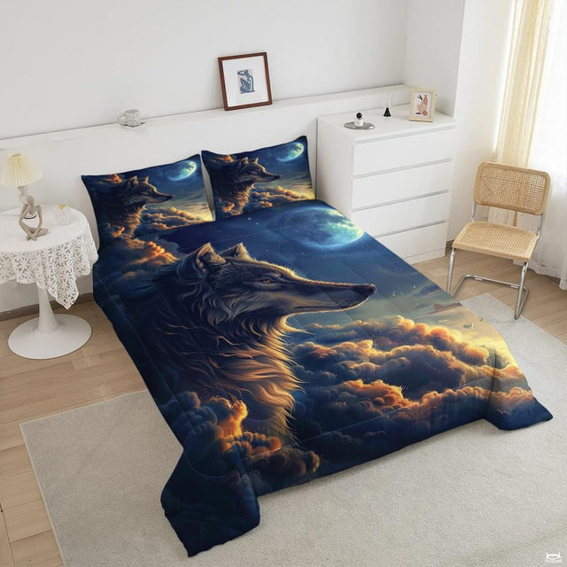 Angled view of moonlit wolf above gold-edged navy clouds