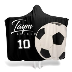 Soccer ball blanket featuring realistic soccer graphic and athletic sports jersey styling on black backdrop.