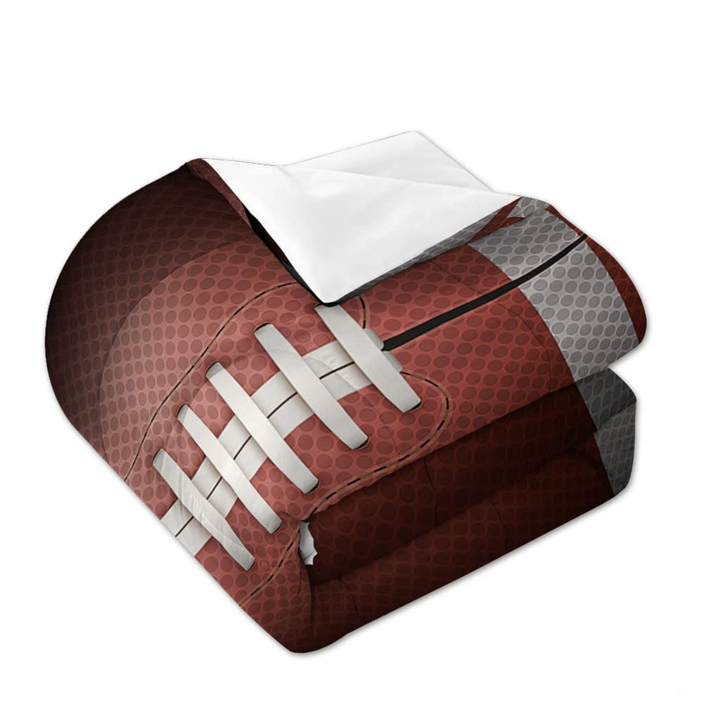 Overhead view of split panel football bedding spread across a contemporary youth bedroom bed
