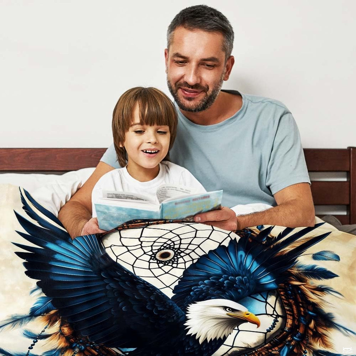 Bald eagle dreamcatcher throw blanket view 3 highlighting eagle wings, beads, and hanging feathers
