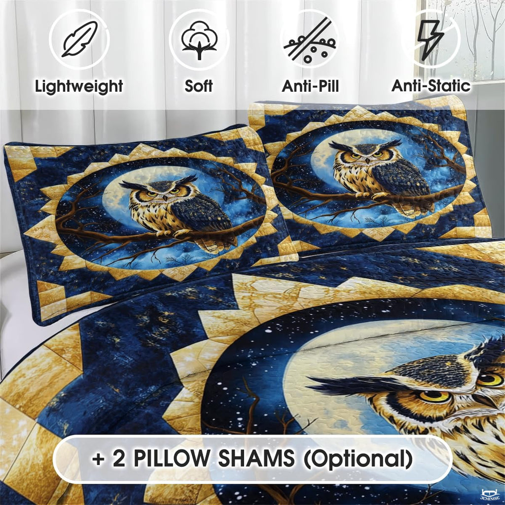 Owl Patchwork Pattern Quilt Set, Animals Quilt Set Style, Owl Nights Patchwork Bedding Bedspread, Owls Bedding Full Queen King Size for Bedroom