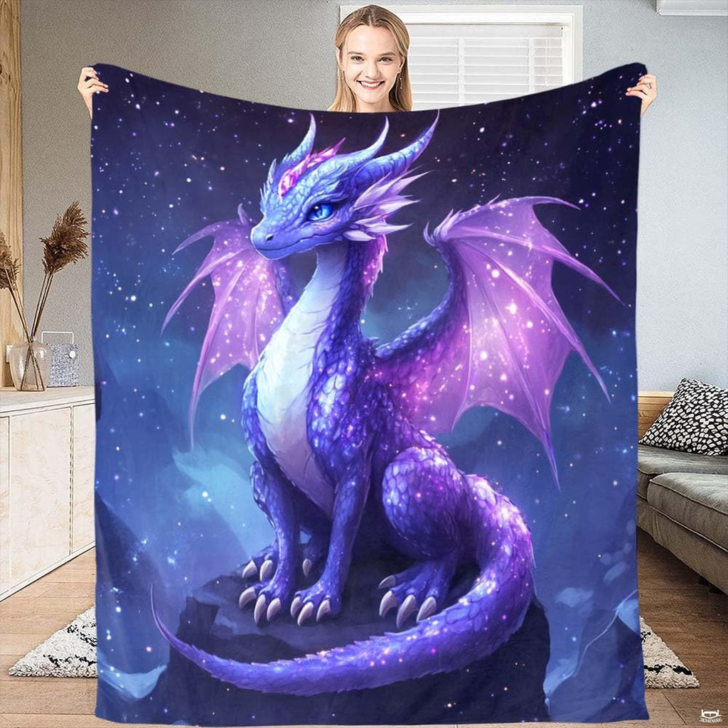 Starlight lavender dragon fantasy throw blanket featuring graceful dragon with starry wings on dark rock