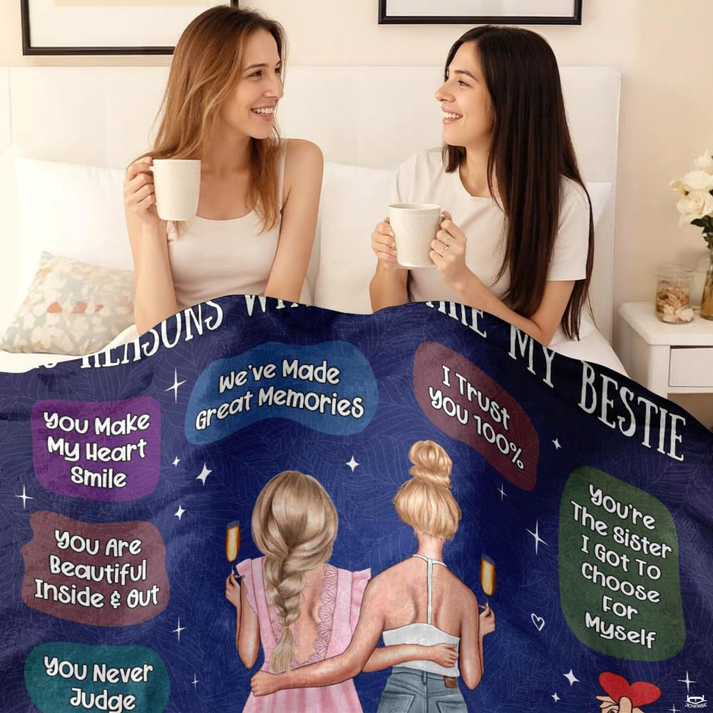 Best friend design with two girls toasting champagne and ten friendship reasons on navy background, view 2.