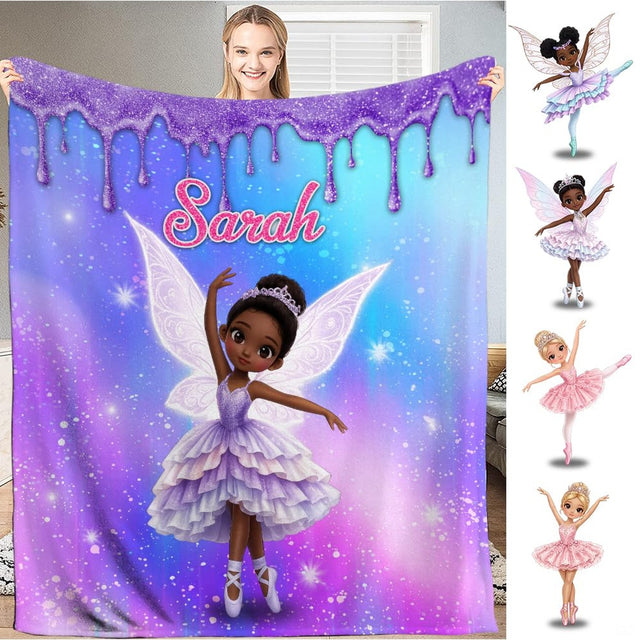 Ballerina fairy bedding featuring an ethereal dancer with translucent wings across purple and turquoise galaxy art.