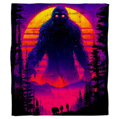 Colossal Bigfoot with glowing eyes beneath a neon synthwave striped sunset, view 2.