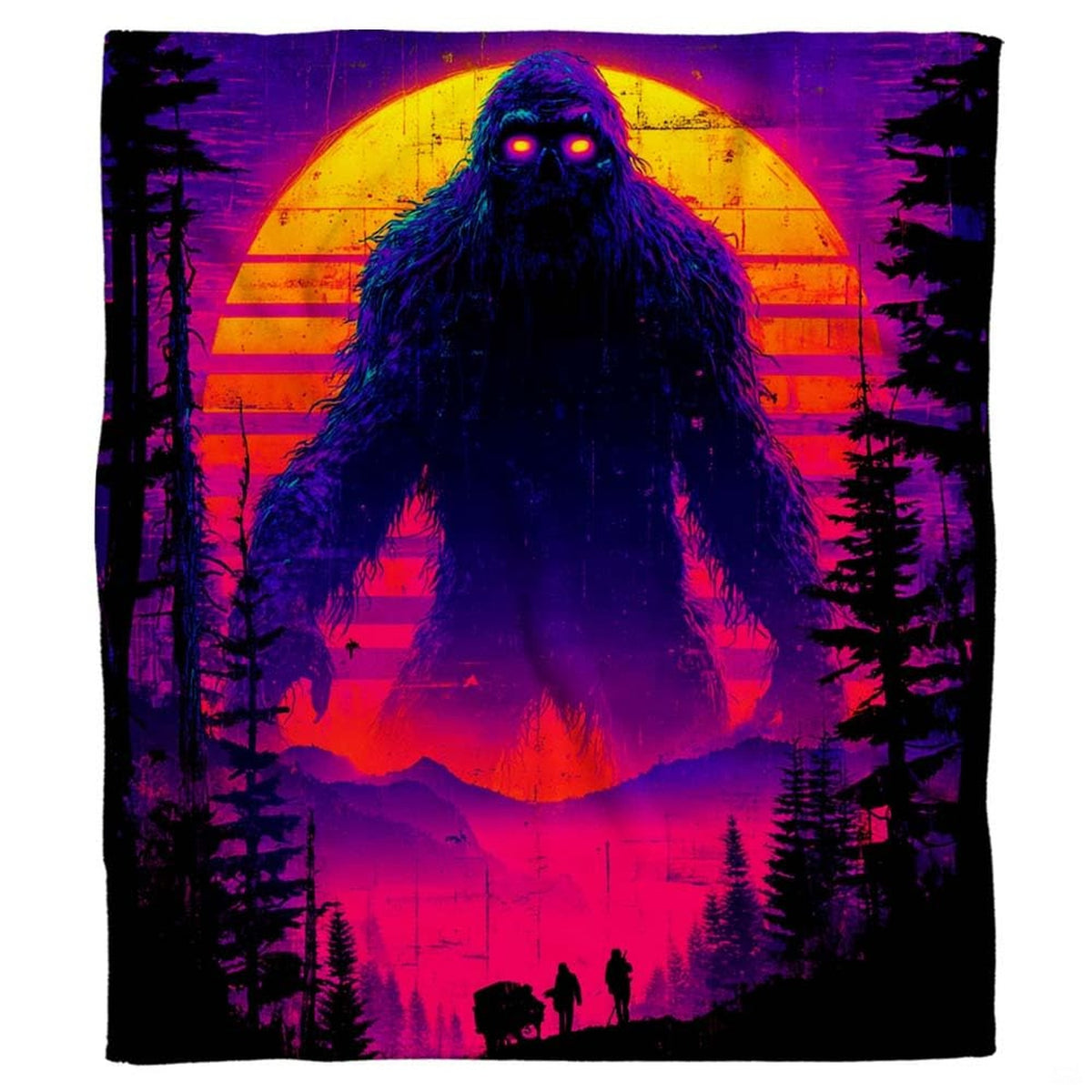 Colossal Bigfoot with glowing eyes beneath a neon synthwave striped sunset, view 2.