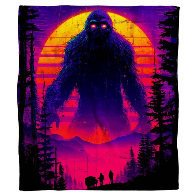 Colossal Bigfoot with glowing eyes beneath a neon synthwave striped sunset, view 2.