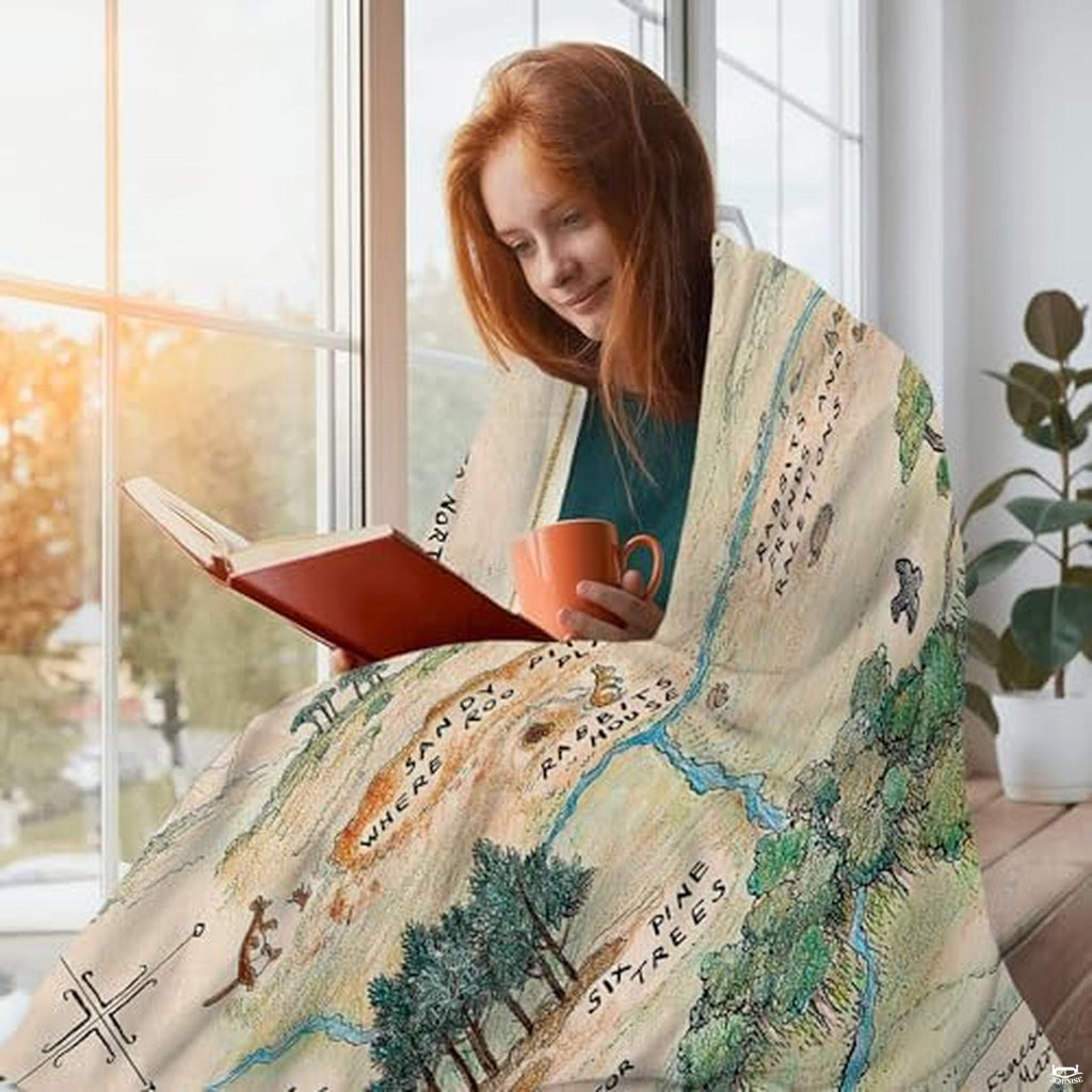 Illustrated fairy tale forest map accent layered over an earthy bedroom arrangement