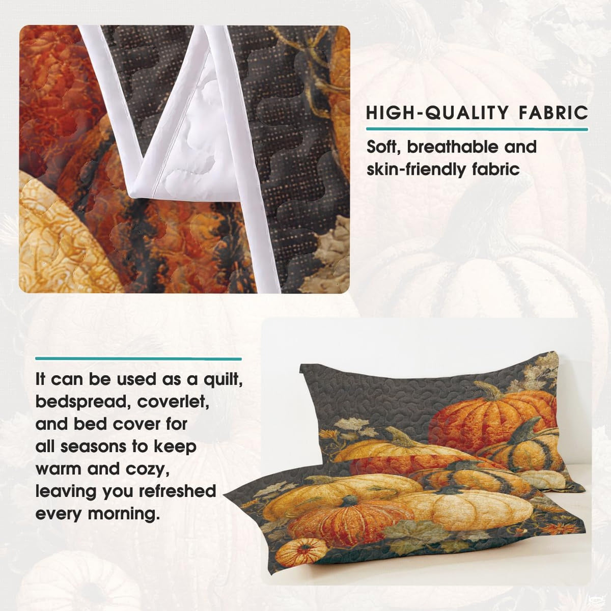 Artistic detail of creamy white gourd, foliage, and rustic pumpkin illustrations.