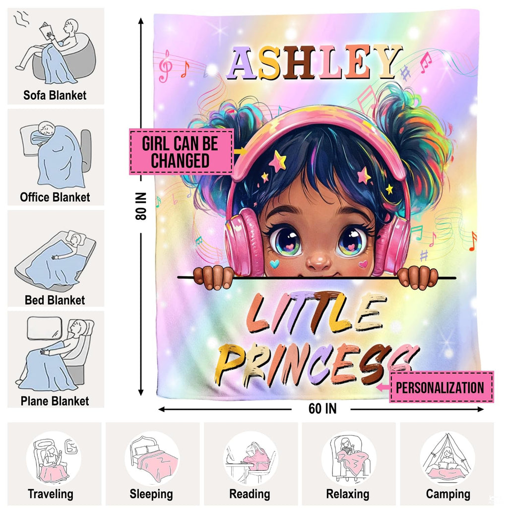 Music headphones girl throw blanket view 5 highlighting rainbow hair, pink headphones, and pastel backdrop