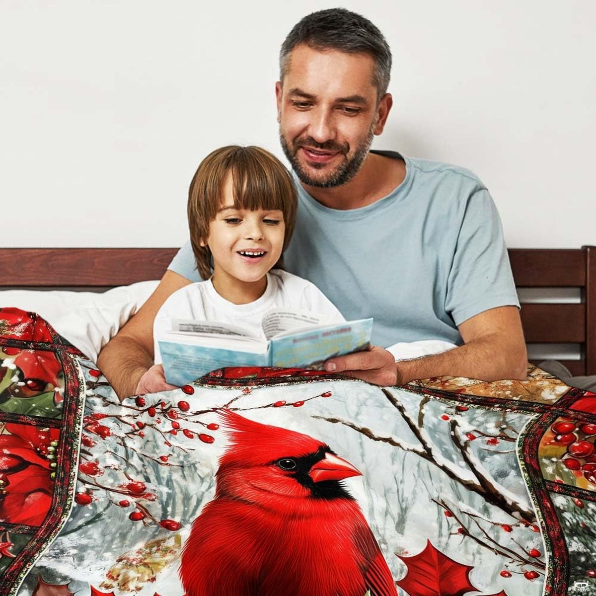 Artistic stained glass arch frame surrounding a winter cardinal motif displayed on bedroom bedding.