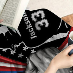 Overhead perspective of baseball sports bedding set showing distressed American flag motifs.