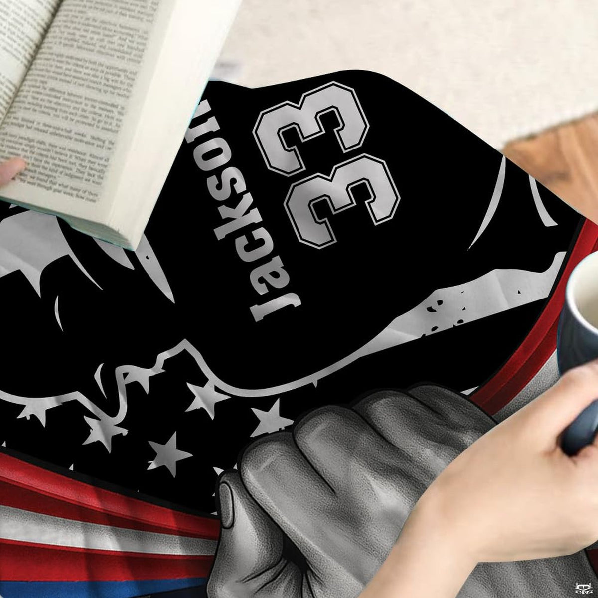 Overhead perspective of baseball sports bedding set showing distressed American flag motifs.