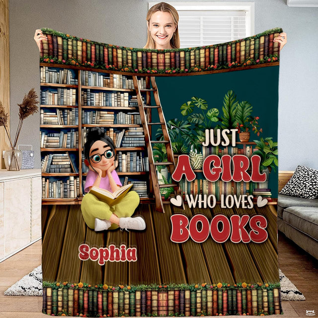 Close-up view of library ladder bookshelf throw blanket highlighting crisp typography and bookcase detail.