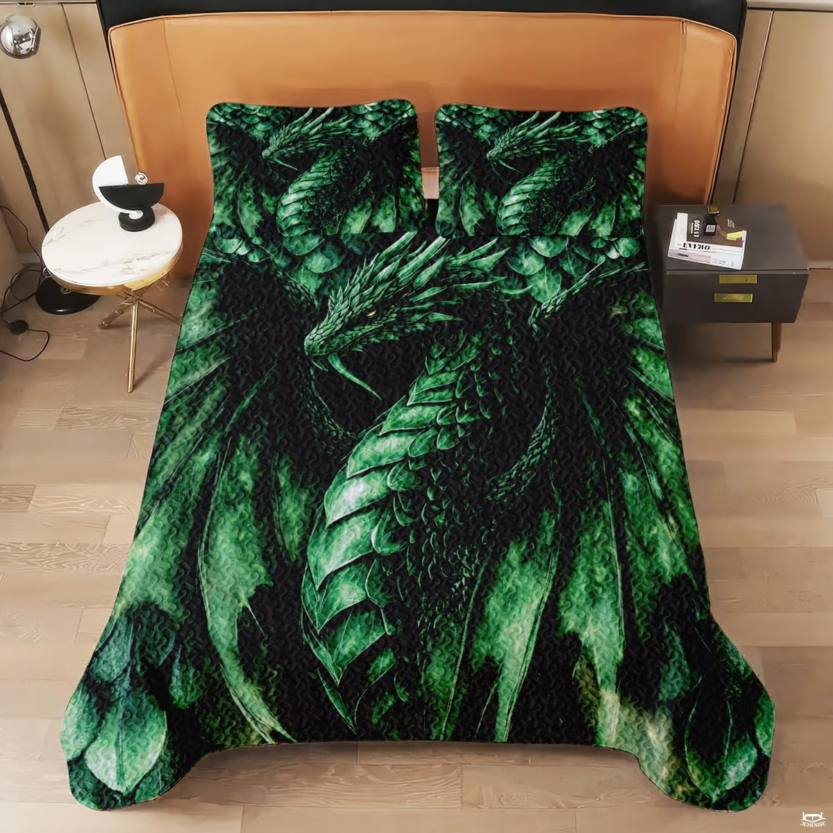 Dragon bedspread shown on a modern bed