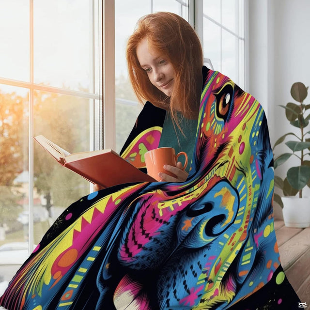 Colorful pitbull pop art throw blanket view 2 highlighting vivid neon pigments and home decor styling