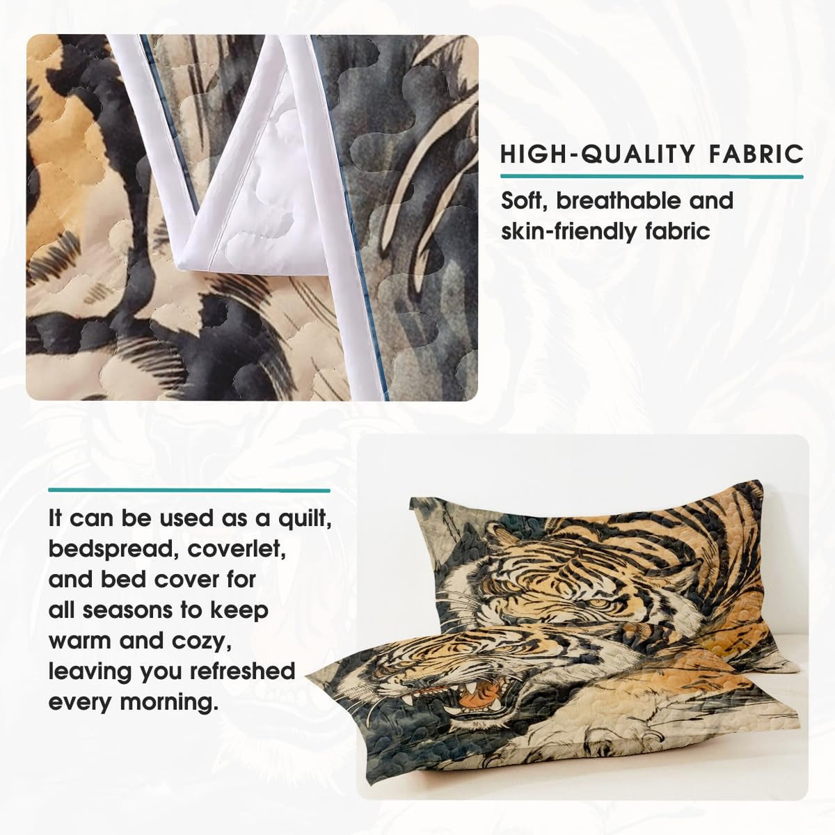 Folded vintage tiger bedding in an informational layout