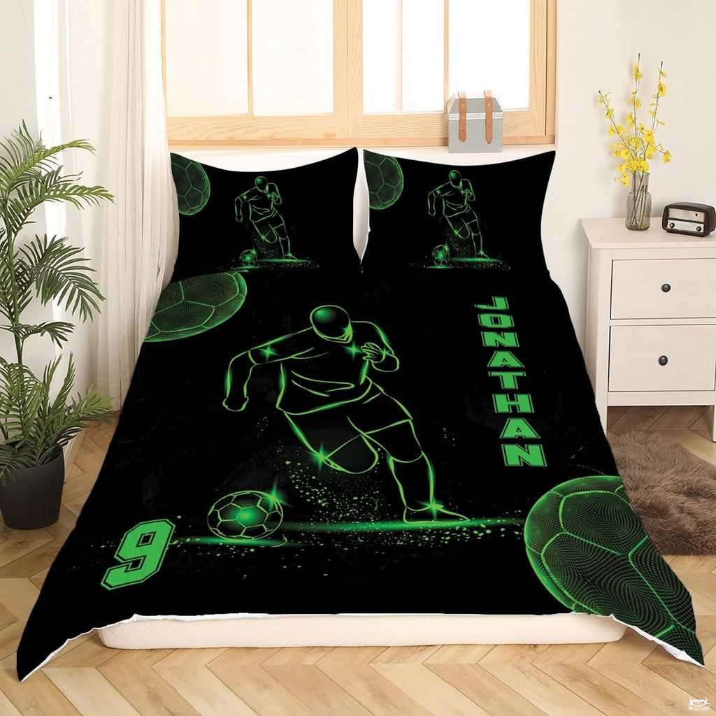 Angle view of soccer sports bedding illustrating muted sage green and midnight pitch graphic textures