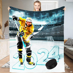 Ice hockey player taking a slapshot in a floodlit arena stadium, view 1.