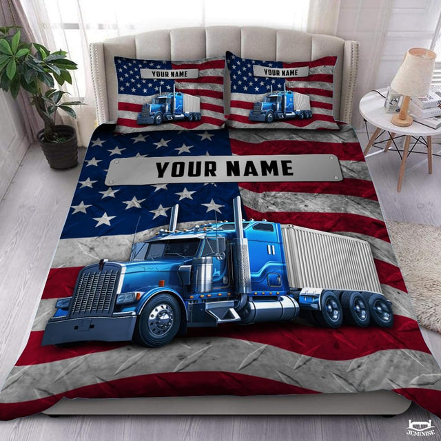 Custom Patriotic Semi Truck on American Flag Background Comforter