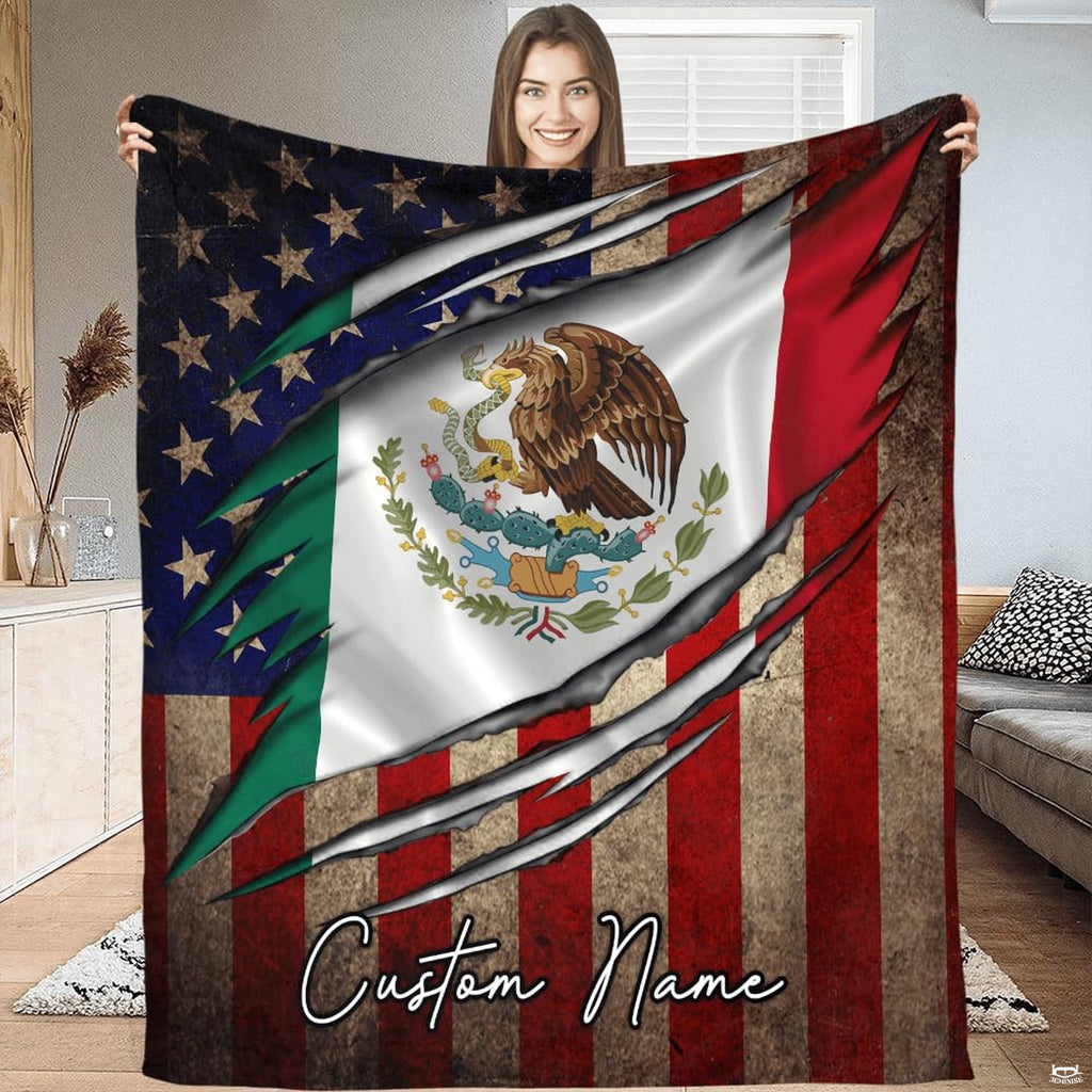 Mexican American ripped flag design with Mexican eagle crest and stars and stripes, view 1.