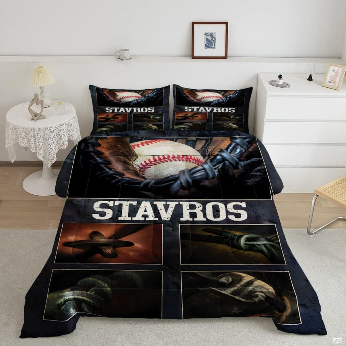 Baseball glove and ball motif on theme bedding set with collegiate typography and dark collage accents.