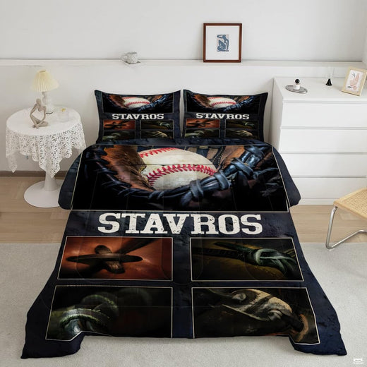 Baseball glove and ball motif on theme bedding set with collegiate typography and dark collage accents.