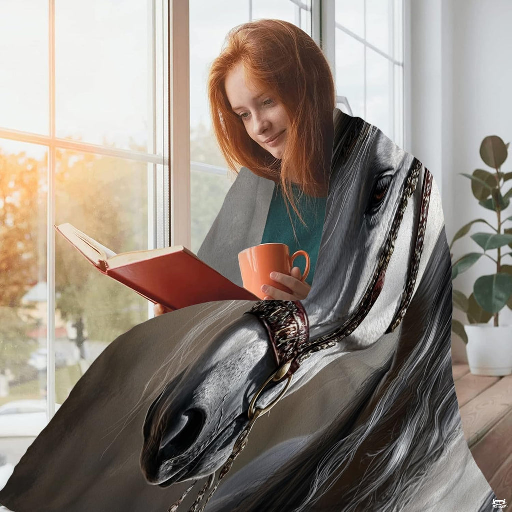 Equestrian portrait design displayed indoors beside a hot beverage near a sunlit window.