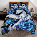 White dragon and blue rose bedding in a bright bedroom