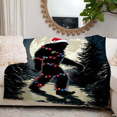 Bigfoot in a Santa hat wrapped in colorful Christmas lights under a full moon, view 6.