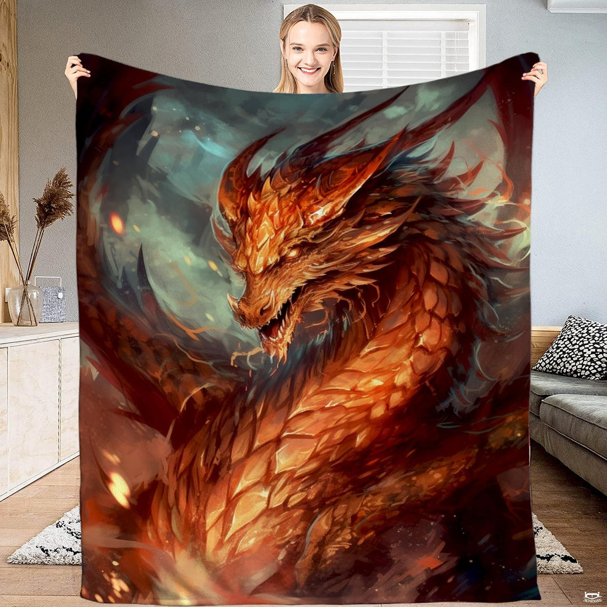 Fire dragon blanket featuring an orange horned mythical dragon with glowing embers on dark background.