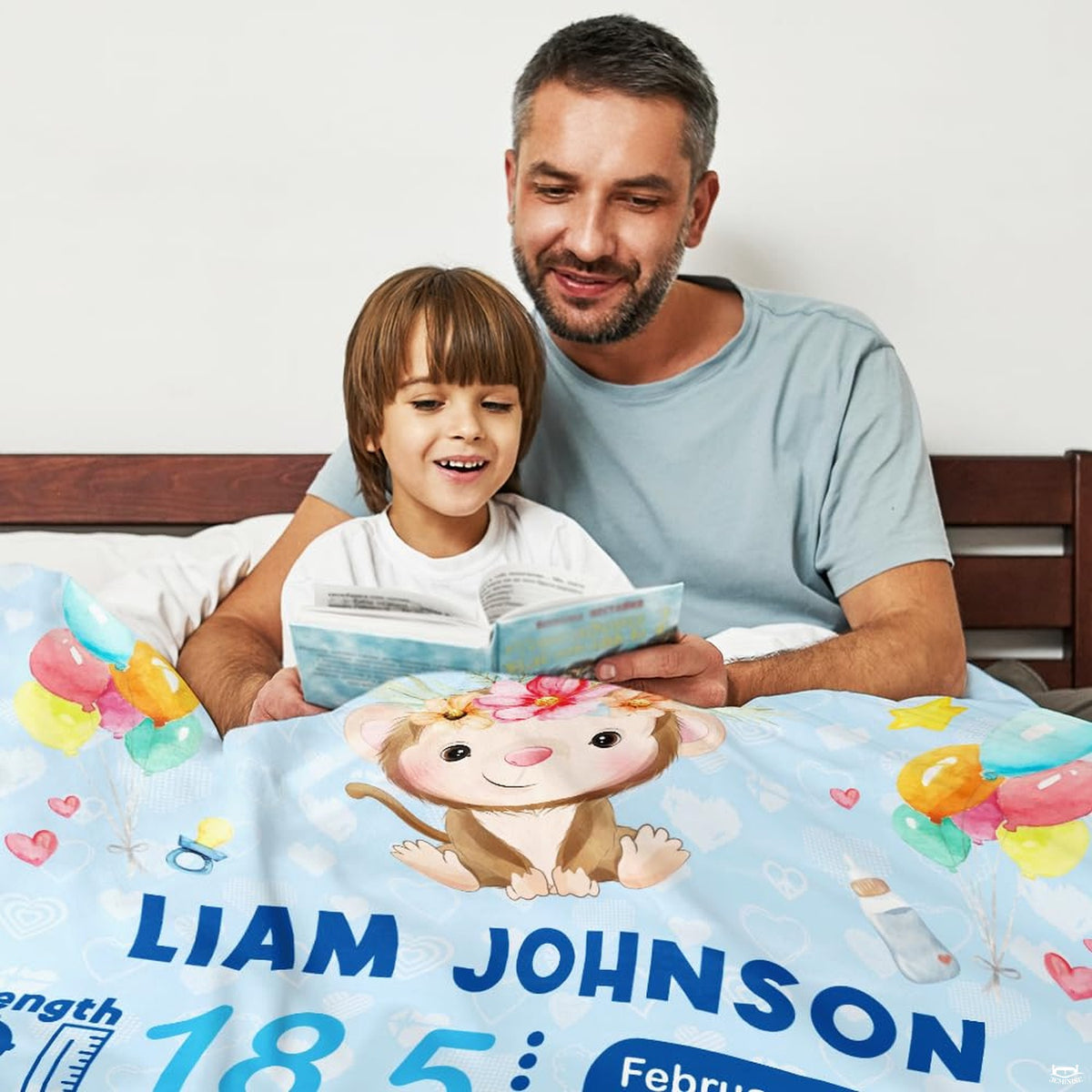 Overhead presentation of sky blue baby monkey blanket