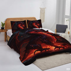 Fantasy Fire Dragon Comforter Set with Glowing Lava And Bedroom Setting