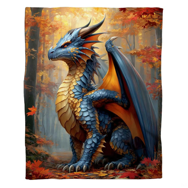 Close view of illustrated blue dragon head with horns, amber eye, and detailed indigo scales
