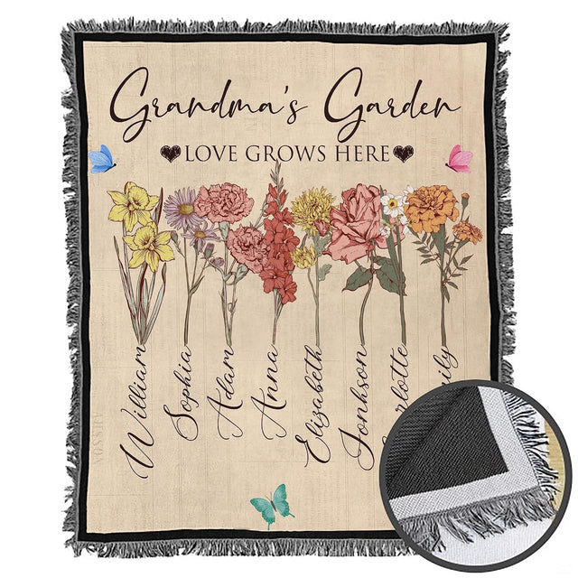 Flat product mockup displaying colorful birth flowers, calligraphic stems, and fringed borders.