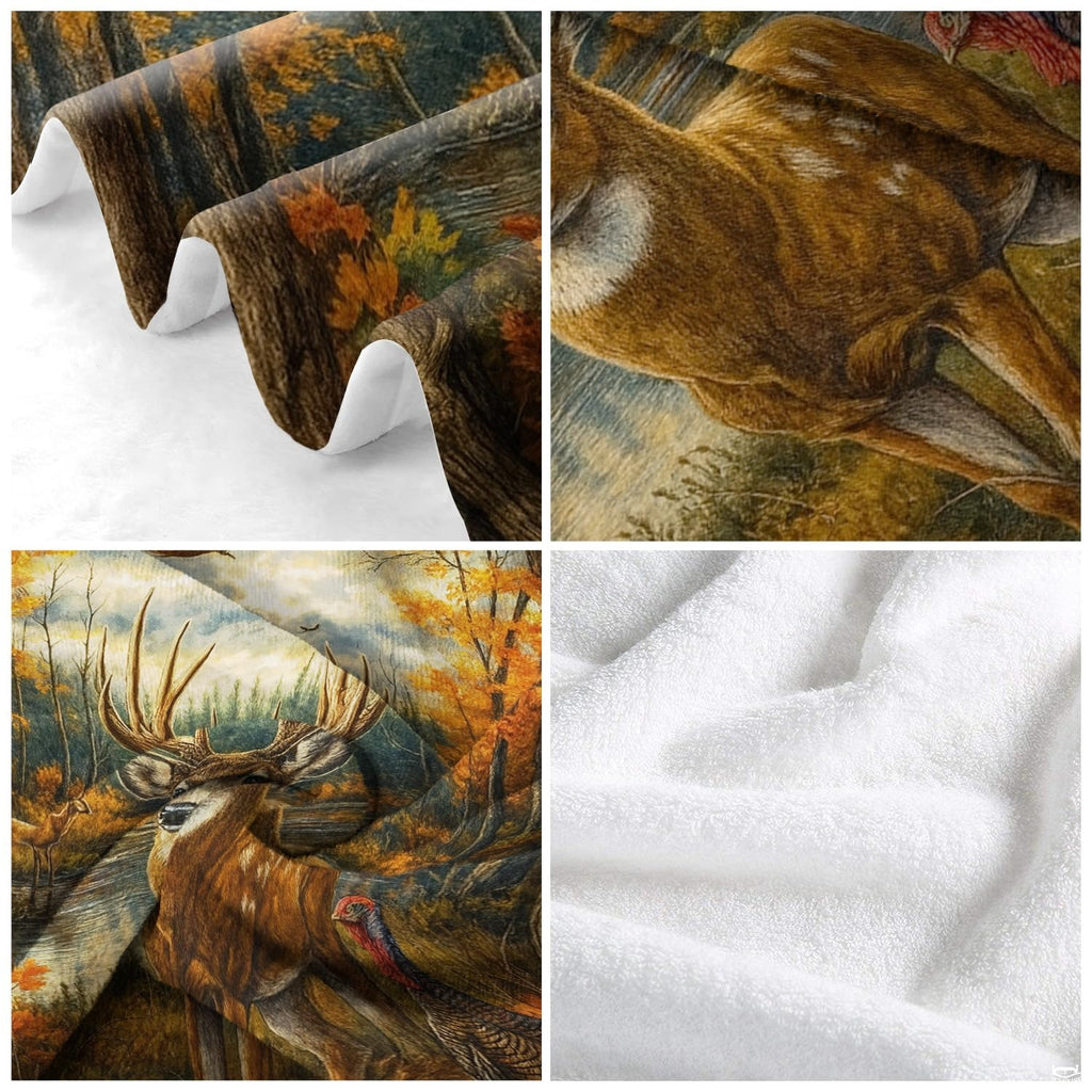 Detailed view of forest green tones, golden foliage, and wildlife artwork in a nature-themed bedroom setting.