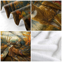 Detailed view of forest green tones, golden foliage, and wildlife artwork in a nature-themed bedroom setting.