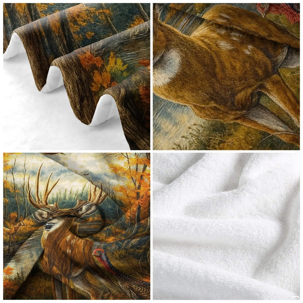 Detailed view of forest green tones, golden foliage, and wildlife artwork in a nature-themed bedroom setting.