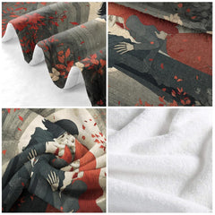 Lifestyle display of cathedral arch skeleton throw blanket styled in a dark aesthetic bedroom