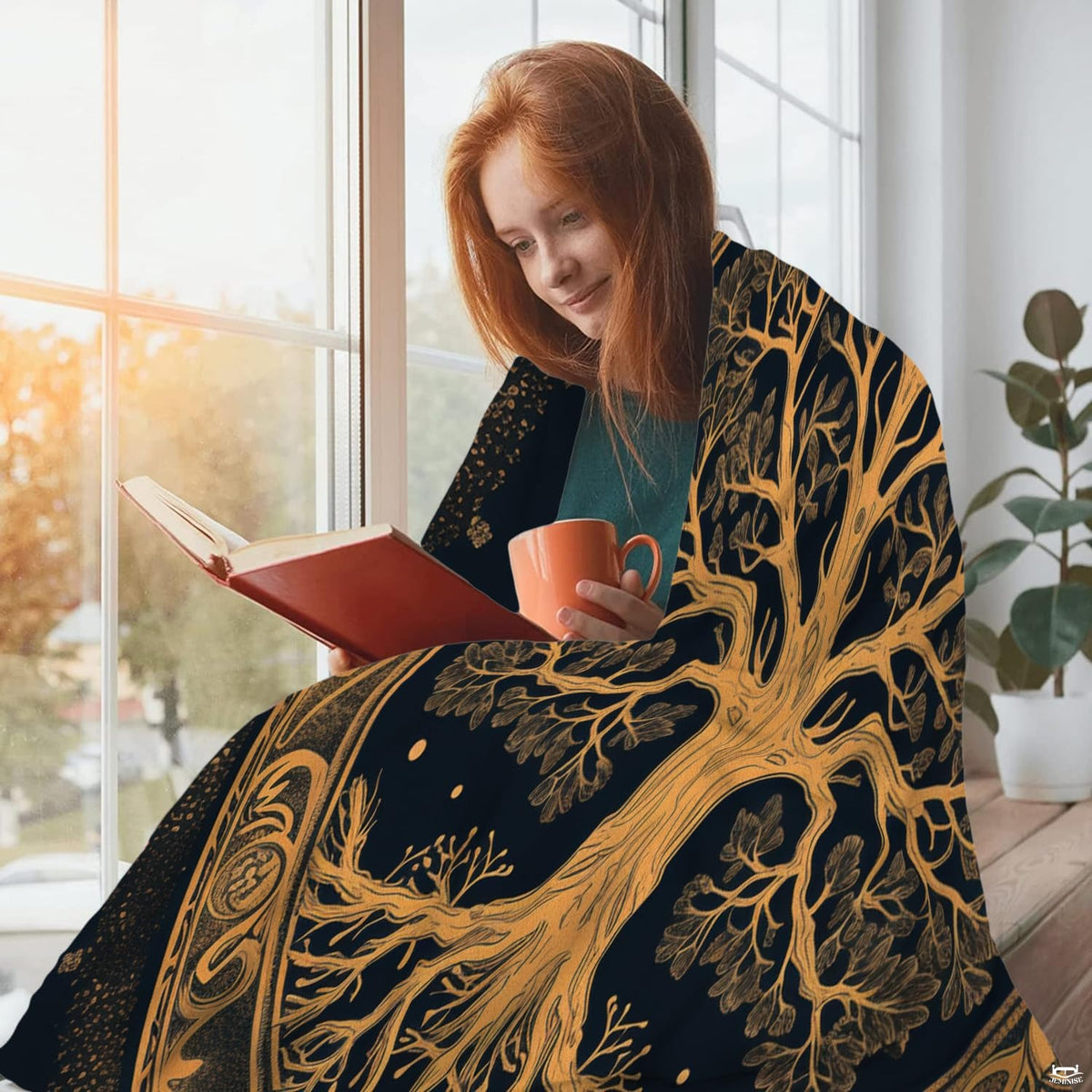 Woman holding open Celtic Tree of Life throw blanket highlighting circular gold knotwork border