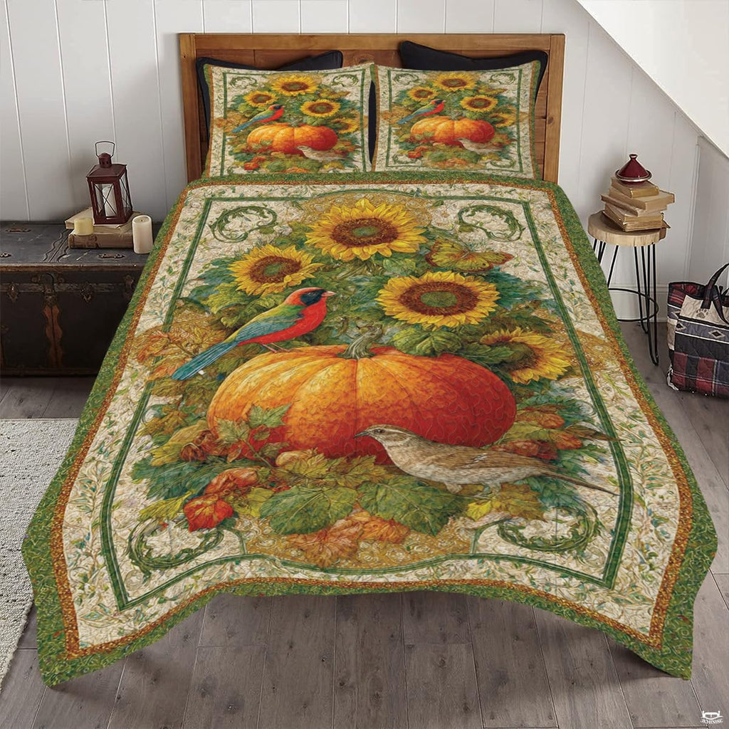 Autumn harvest bedding collection with sunflowers, ripe pumpkins, and colorful songbirds in vintage tapestry art.