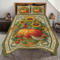 Autumn harvest bedding collection with sunflowers, ripe pumpkins, and colorful songbirds in vintage tapestry art.
