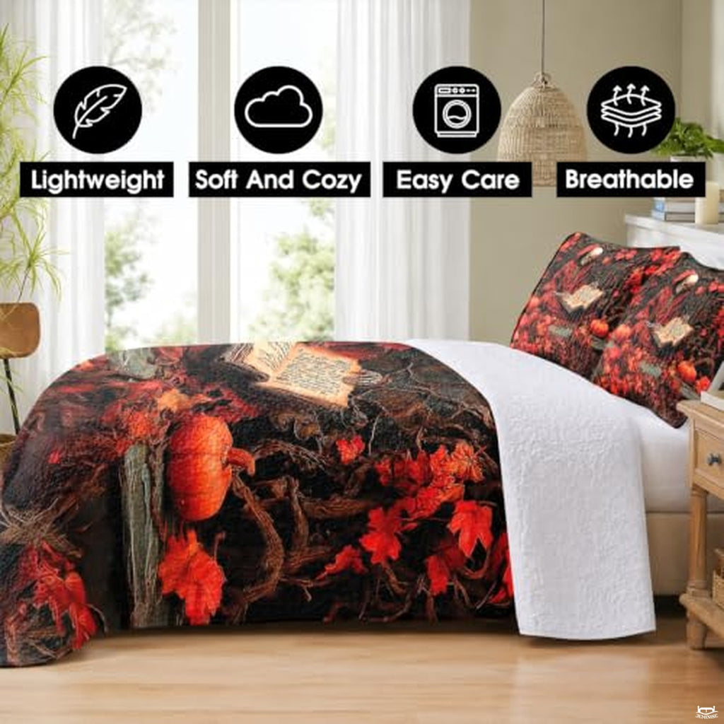 Personalized Witch Quilt Set, Autumn Forest Bedding with Beautiful Witch Design, Lightweight Bedspread for Halloween & Fall Bedroom Decor (#02)