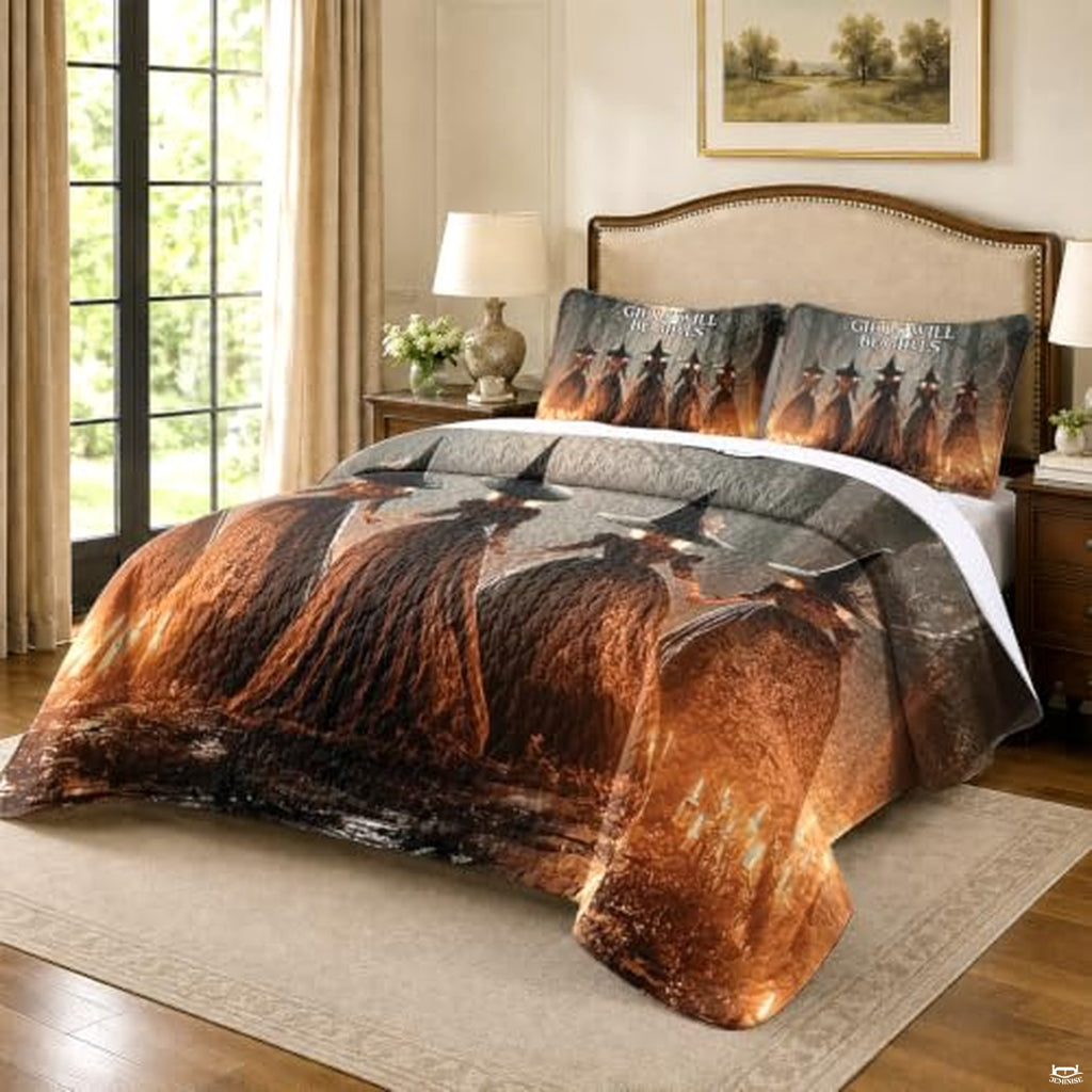 Personalized Witch Quilt Set, Autumn Forest Bedding with Beautiful Witch Design, Lightweight Bedspread for Halloween & Fall Bedroom Decor (#05)