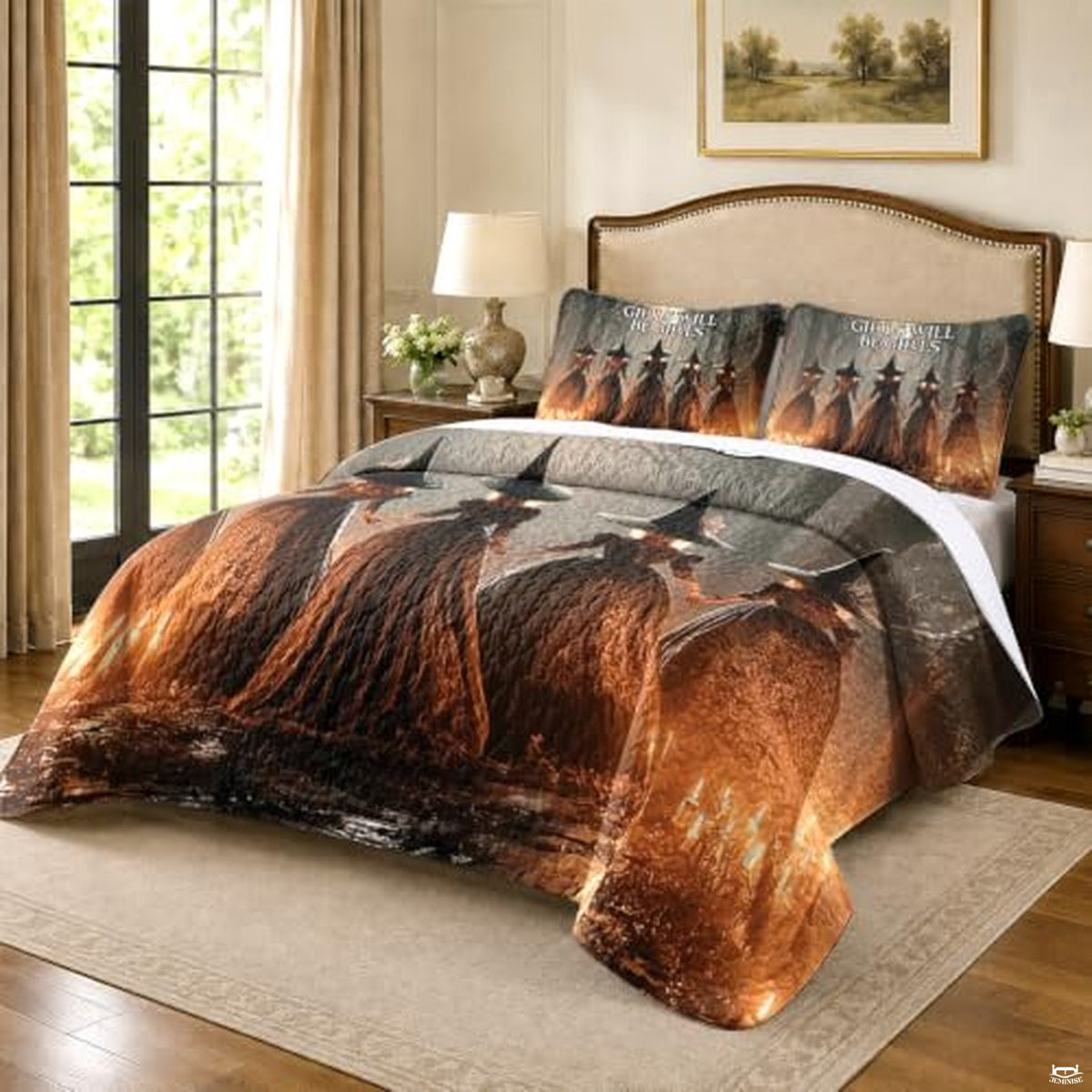 Personalized Witch Quilt Set, Autumn Forest Bedding with Beautiful Witch Design, Lightweight Bedspread for Halloween & Fall Bedroom Decor (#05)