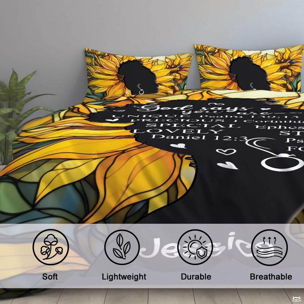 Side angle view of scripture bedding displaying dramatic charcoal black and radiant yellow tones